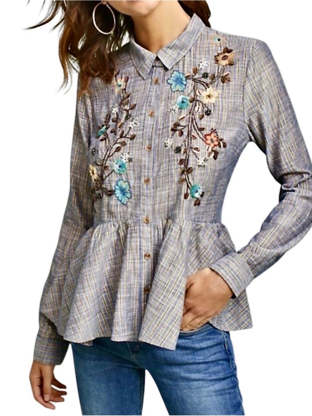 HD in Paris Anthropologie  Embroidered Peplum Blouse
Navy Blue stripe size Large